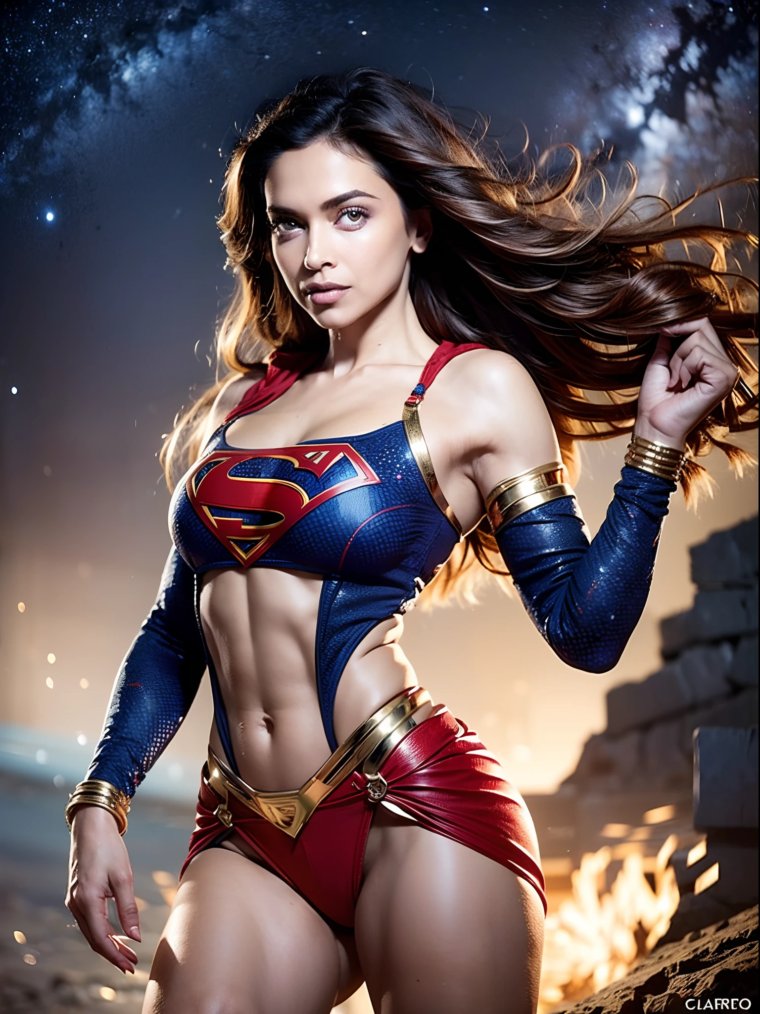 Wide angle, A Long Shot, (corpo inteiro, dynamic pose:1.4), Front view, uma foto de uma loira,Supergirl_traje,
musculosa, peito grande, bareshoulders, cintura fina, Electric_calcinha de cor azul, wide pelvic, coxa,Salto alto,
(galaxy:1.2) Background, burning, Meia-noite_cor azul, (pele realista_Detalhes, sharp fokus, olho_foco, Masterpiece,melhor qualidade,finamente detalhado,extremamente detalhado, Detalhe realista,claro_imagem, Realistic, High_resolution,diferente_imagem:1.2)