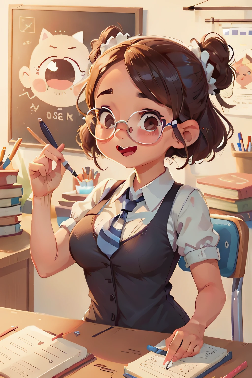 cute professora, Imagem 3d de corpo inteiro, 1pc, bons olhos olhando, olhos grandes, fofo, Feliz, na escola, conversando e gesticulando