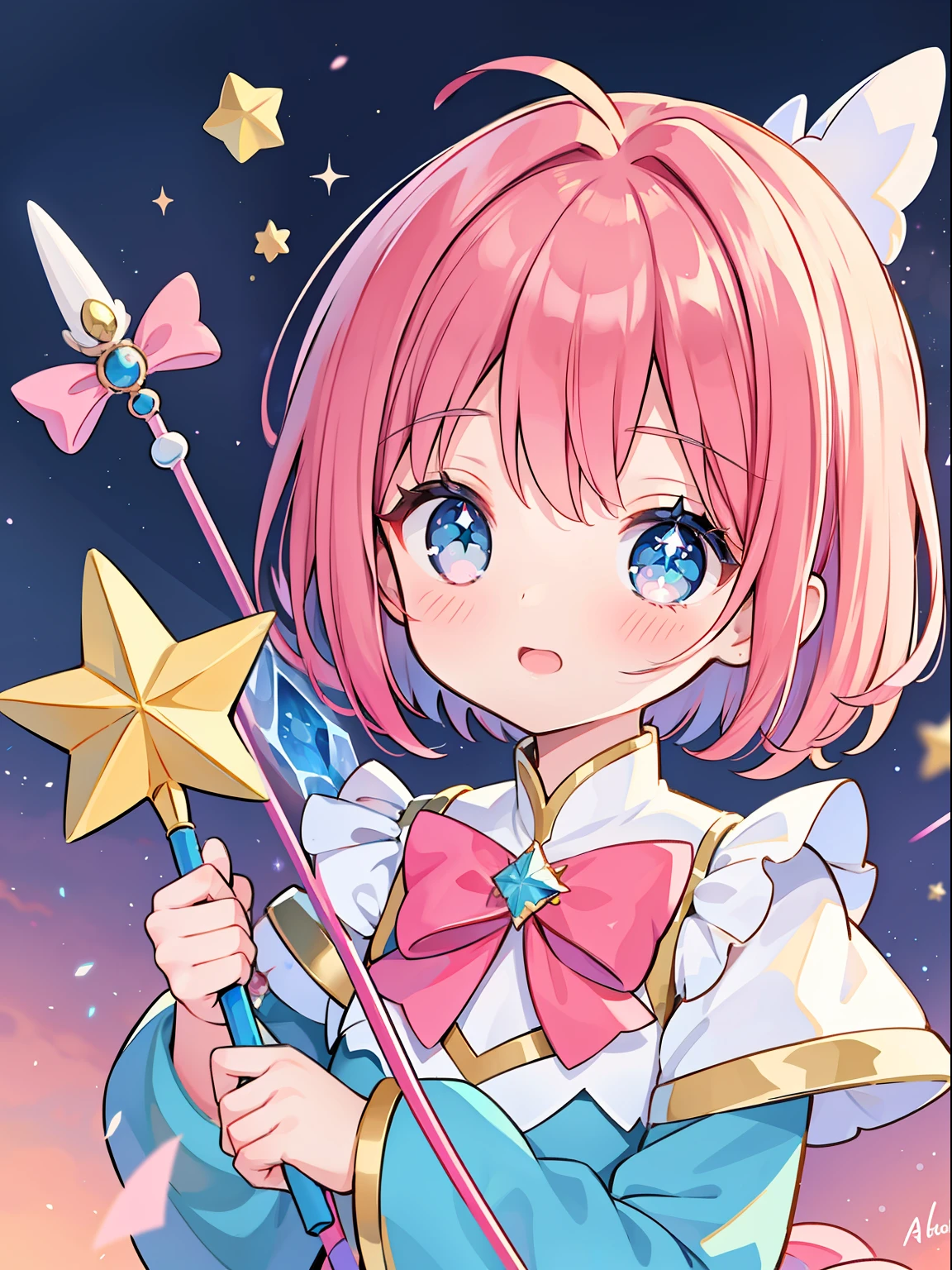 k hd，Anime girl with wand and star wand in her hand, portrait of magical girl, sparkling magical girl, magical little girl, cardcaptor sakura, clean and meticulous anime art, magical girl anime mahou shojo, beautiful anime art style, cute anime girl portraits, carrying a magical staff, zerochan art, lovely art style, astral fairy, Soft anime illustration