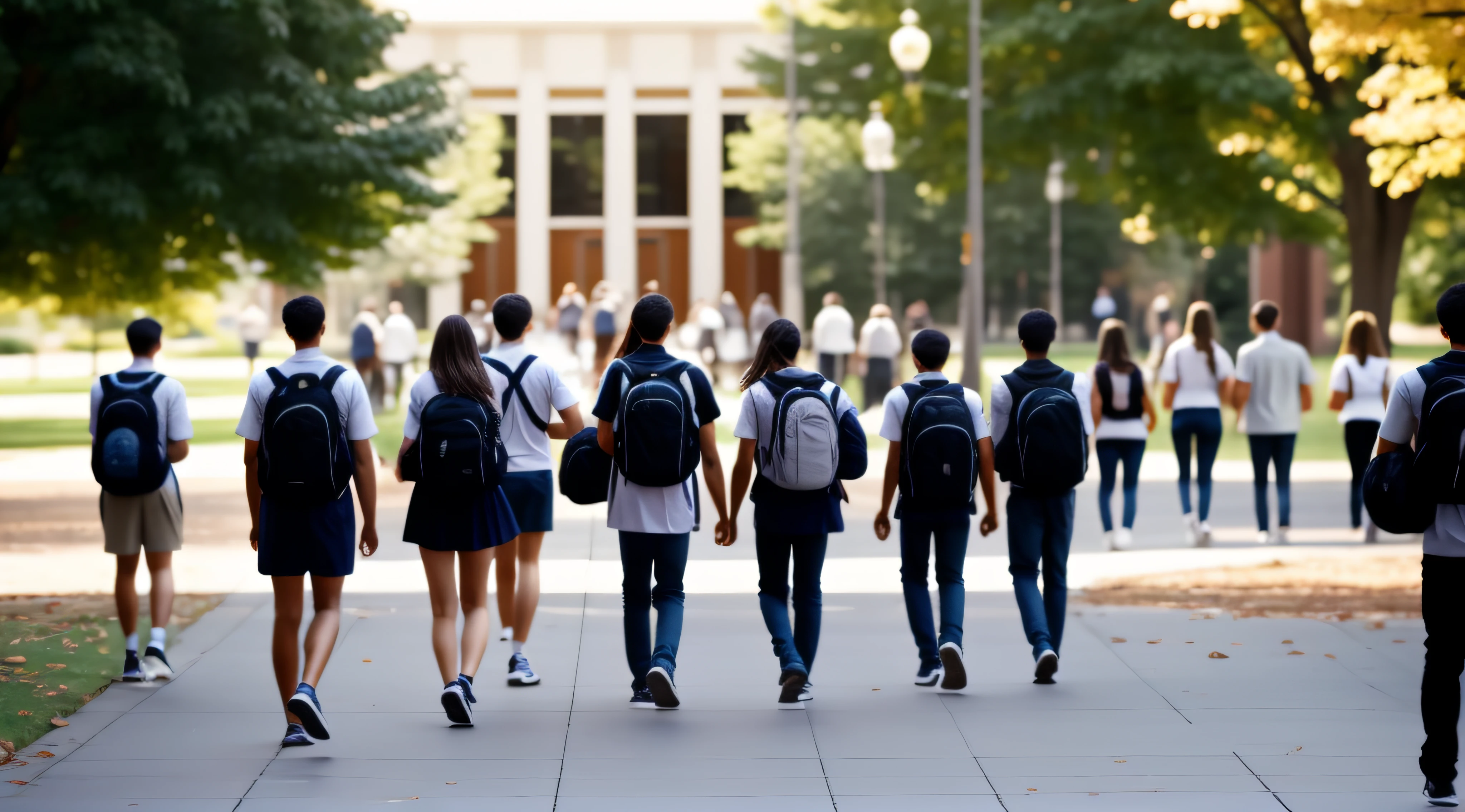 Students walking to class in a university or college environment. Moving crowd motion blurred background
