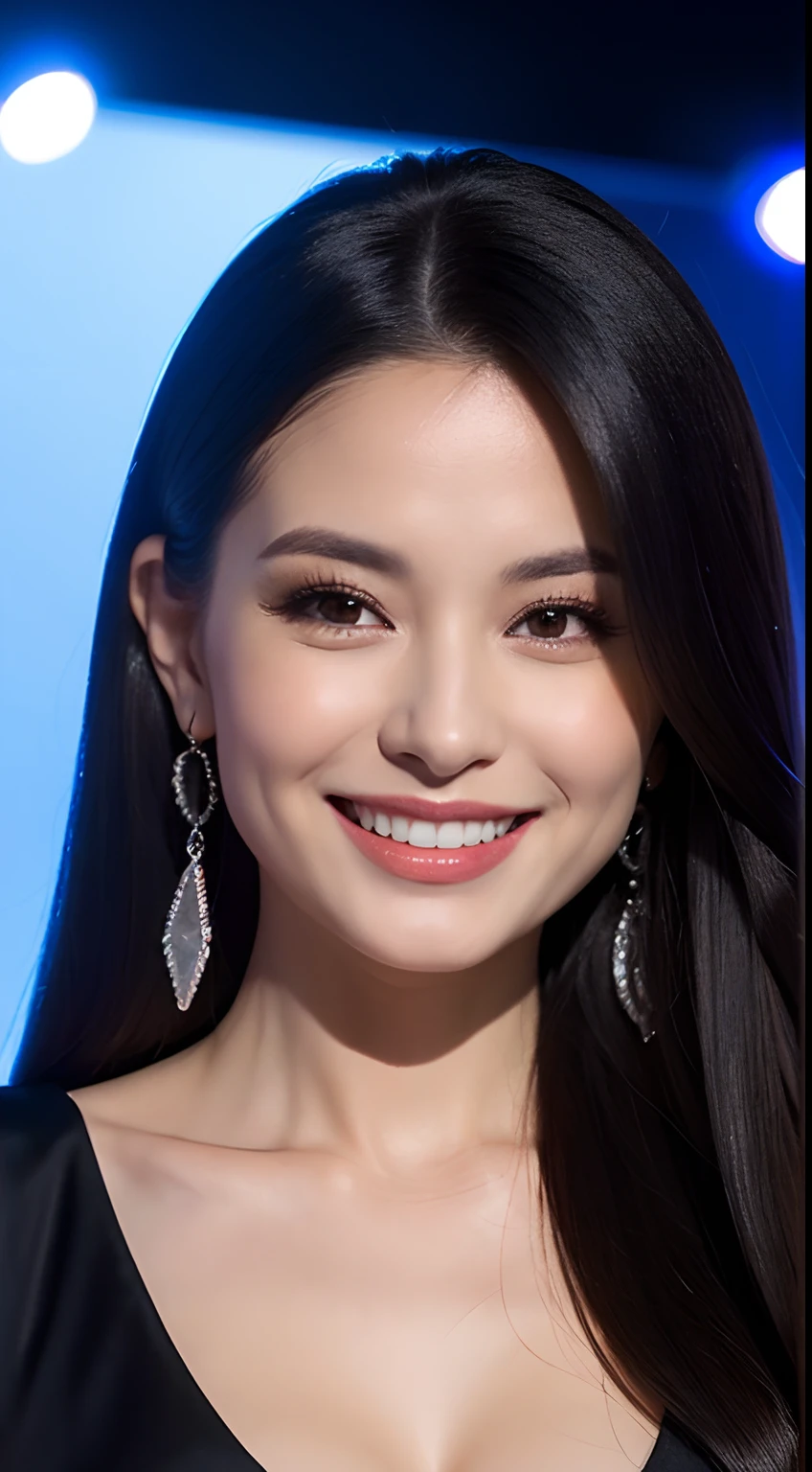 The image shows a Romanian woman with long, straight hair wearing a black dress with a plunging neckline. She is smiling and looking directly at the camera. The background is blue.