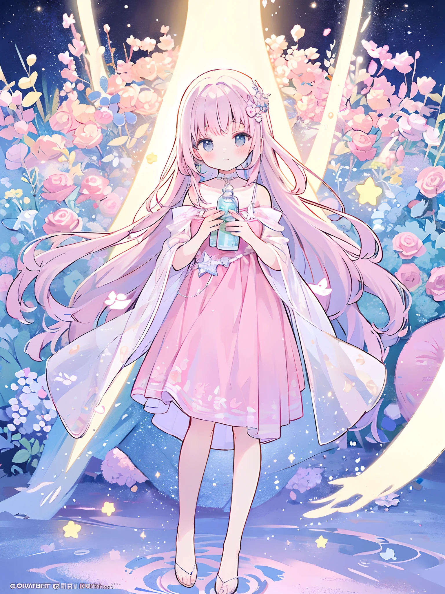 complex background, wishing star background, woman inside of the bottle wearing a ethereal mystical pink traslucent dress that reflects the stars , perfume promo art, mystic,complex drawing, highly detailed, Covergirl brand, promo art,a woman inside of a perfume bottle. artistic rendition, ethereal, starry night, midjourney style