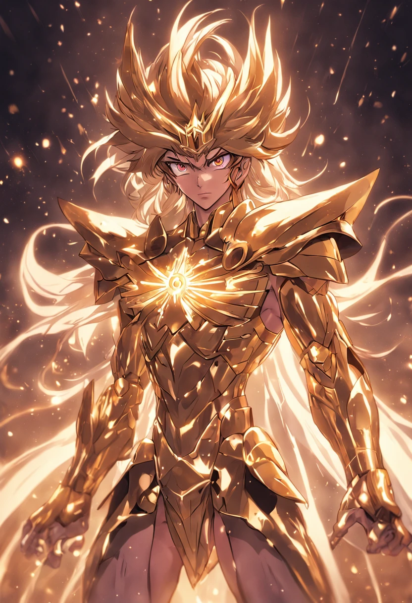 Berengue, knight of the Temple of the Crown of the Sun, depicted in a cinematic duel with Abel, inspired by Saint Seiya. Showcasing their clash amidst swirling cosmic energies, vividly portraying Berengue's valorous stance, gleaming armor adorned with celestial symbols, and Abel's dark, enigmatic aura, embodying the eternal struggle of light and darkness. Illustration, digital art, blending dynamic action with mythic symbolism