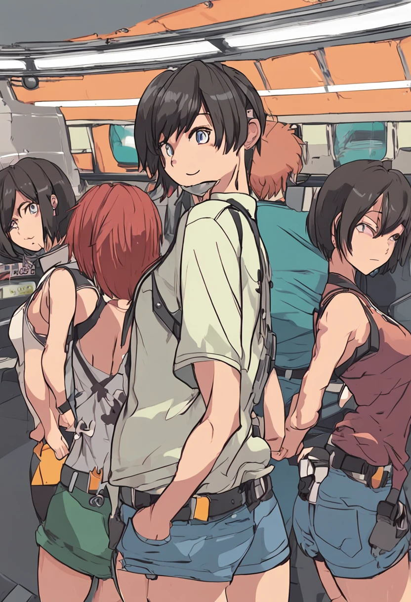 three anime characters in female panties side by side and
Facing each other, Burma, olhos verdes, gym uniform, several young girls,
3meninas, cabelos pretos, from behind, camisa, camisa branca, Olhando para o Viewer,
janela, short hair, mangas curtas, dentro, cabelos longos