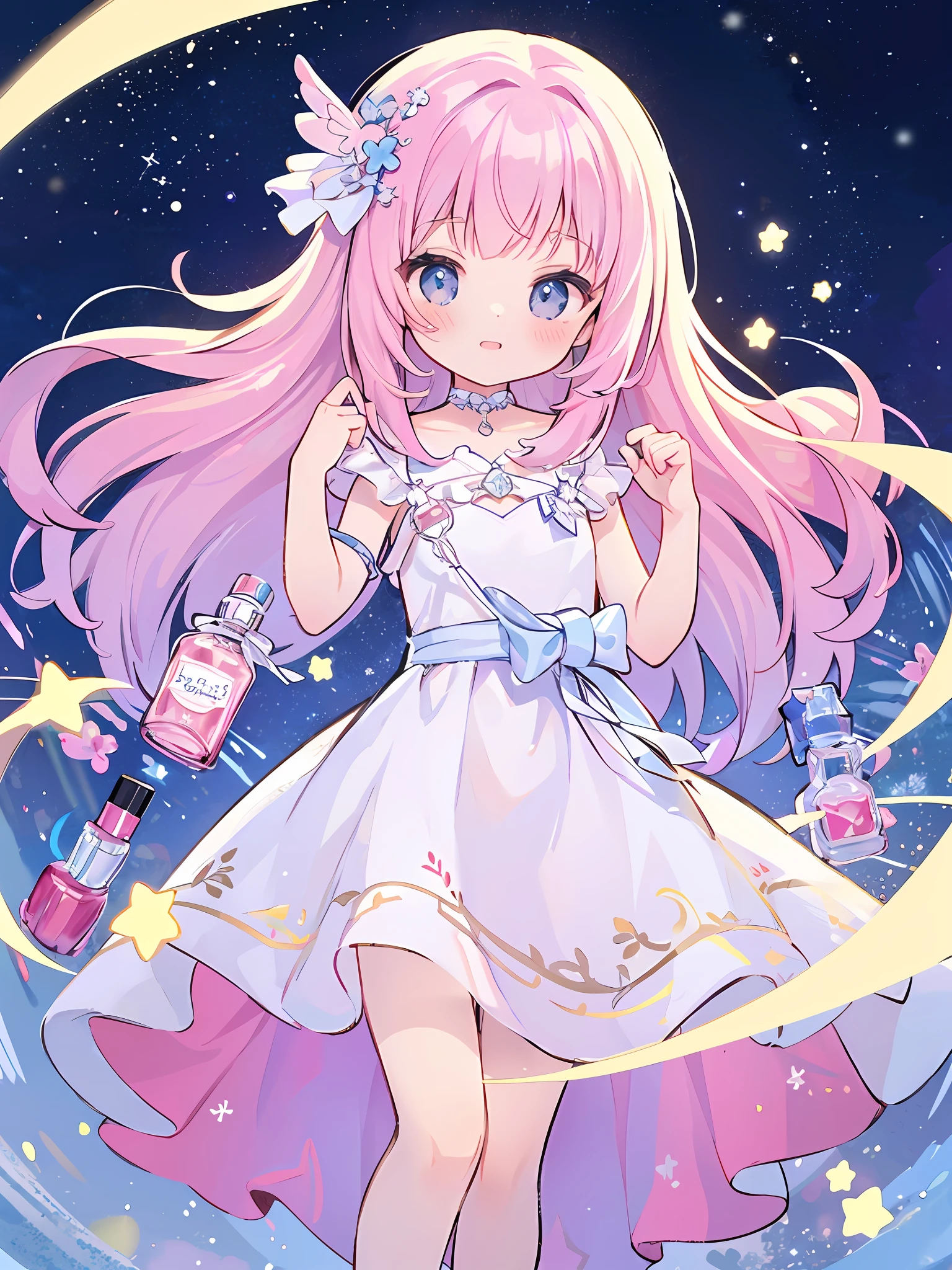 Best quality, masterpiece, ultra high res, clean facial features, flat desigen, wide shot, face to viewer,
  complex background, wishing star background, woman inside of the bottle wearing a ethereal mystical pink traslucent dress that reflects the stars , perfume promo art, mystic,complex drawing, highly detailed, Covergirl brand, promo art,a woman inside of a perfume bottle. artistic rendition, ethereal, starry night, midjourney style  star, glowing in the dark