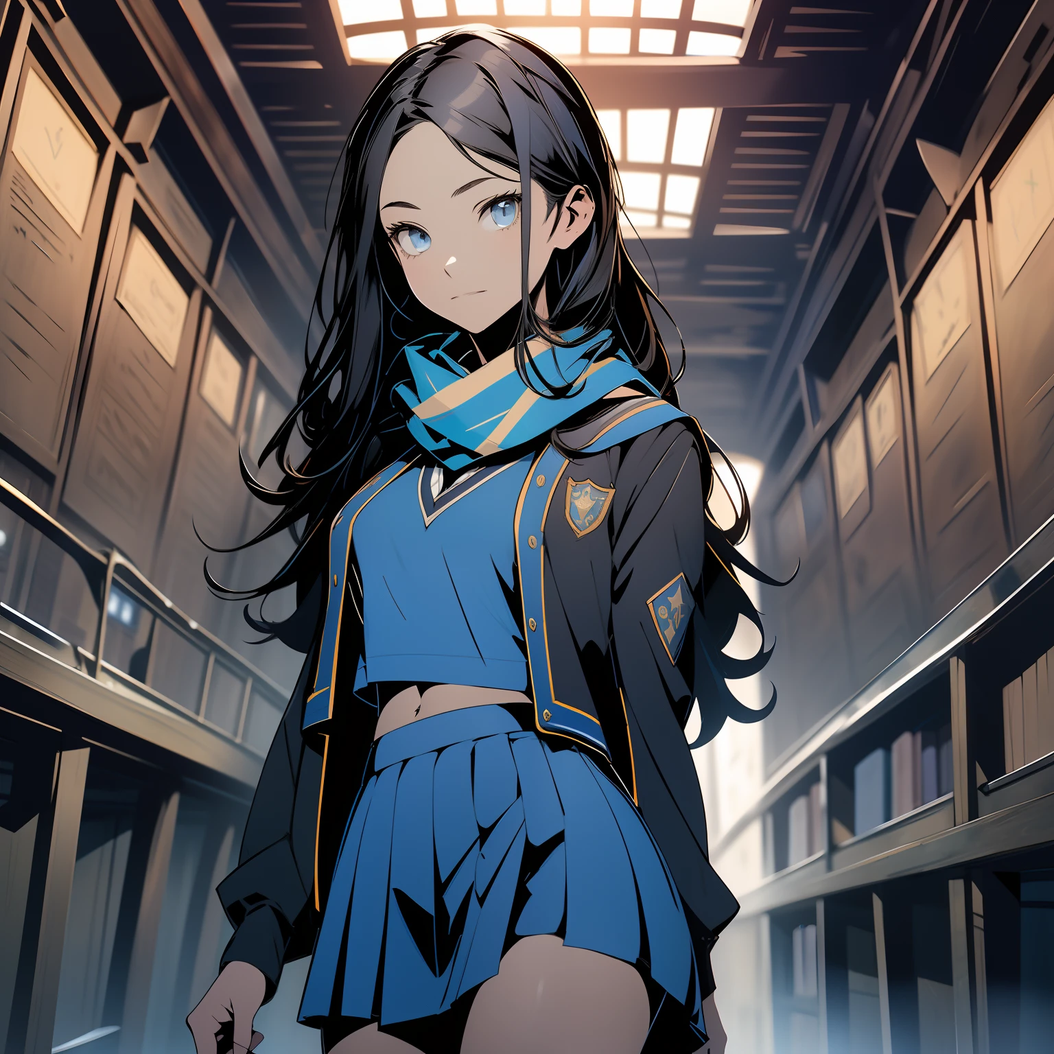 inside Hogwarts, adult, hogwarts school uniform, (( ravenclaw )), blue and silver, black hair, crop top, sexy, 18 years old, medium chest, cowboy shot, (long hair), short skirt, school skirt, scarf