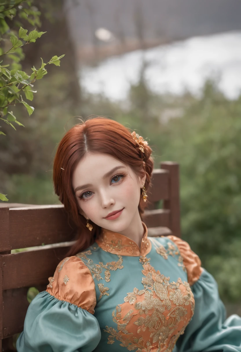 1girl, 1boy, dress, Black hair, long hair, long-sleeved, blue dress, jewelry, smile, puffy sleeves, braid, green eyes, earrings, orange hair, sitting, red eyes, short hair hair, flower, looking at the scenes, wavy hair, Long puffed sleeves, brown-haired, closed mouth, Yellow eyes