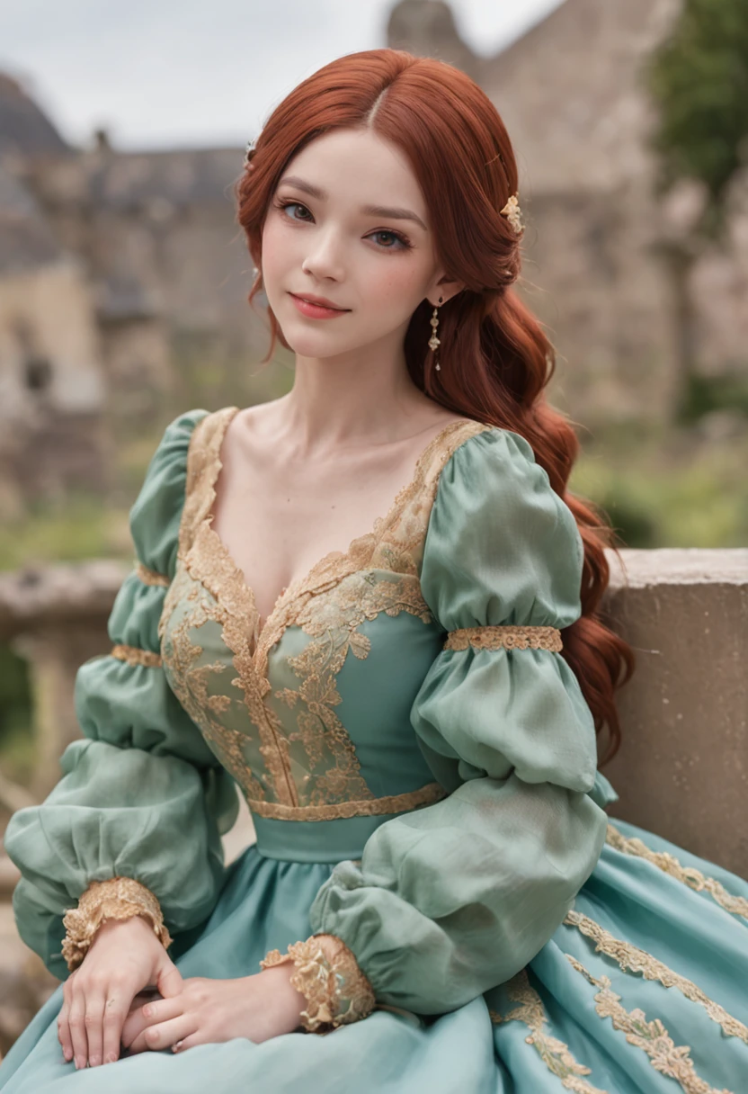 1girl, 1boy, dress, Black hair, long hair, long-sleeved, blue dress, jewelry, smile, puffy sleeves, braid, green eyes, earrings, orange hair, sitting, red eyes, short hair hair, flower, looking at the scenes, wavy hair, Long puffed sleeves, brown-haired, closed mouth, Yellow eyes