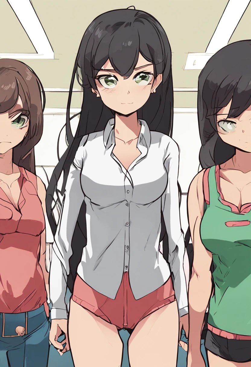 three anime characters in female panties side by side and
Facing each other, Burma, olhos verdes, gym uniform, several young girls,
3meninas, cabelos pretos, from behind, camisa, camisa branca, Olhando para o Viewer,
janela, short hair, mangas curtas, dentro, cabelos longos