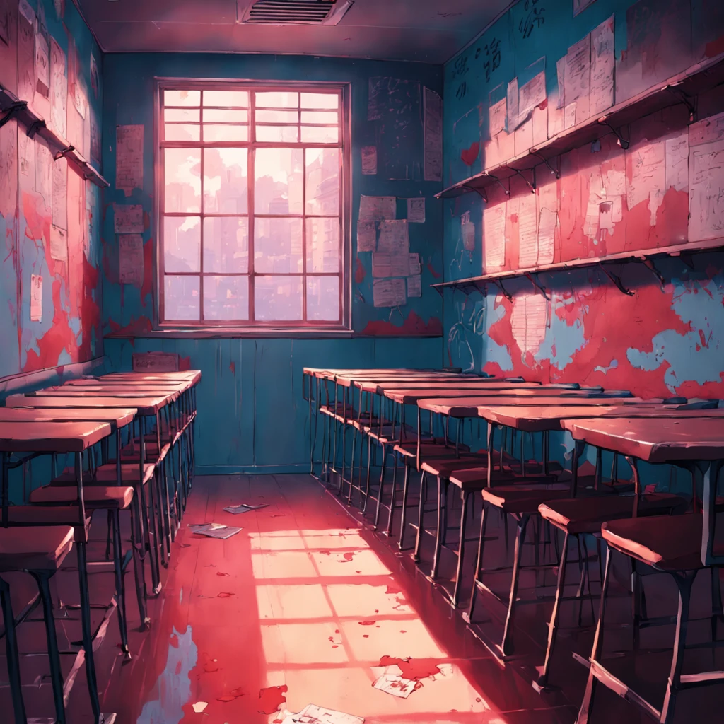 Make a wallpaper where it is a school with a lot of blood on the walls, janelas, e sombrio