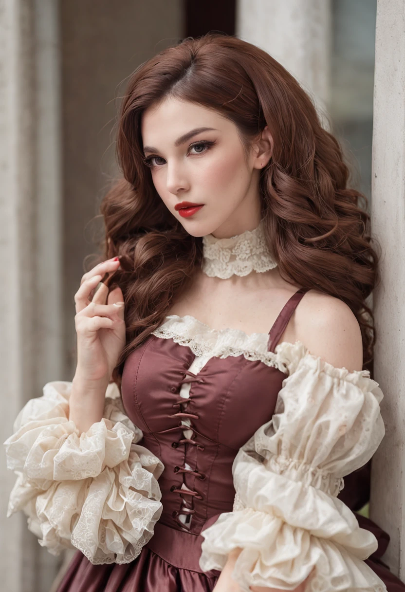 1 beautiful woman, large body, brown hair, maroon lips, huge bouffant hair, Sissy maid pvc puff-sleeves dress, asleep on the bus,