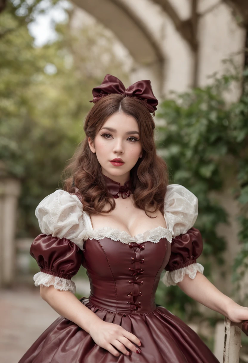 1 beautiful woman, large body, brown hair, maroon lips, huge bouffant hair, Sissy maid pvc puff-sleeves dress, asleep on the bus,