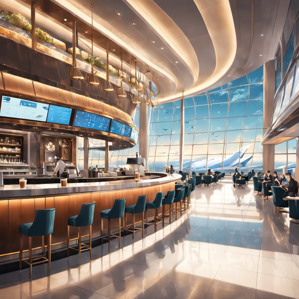 "Modern and stylish airport terminal with luxurious and comfortable seating, elegant lighting, sleek design, panoramic windows showcasing a beautiful view of the runway, bustling atmosphere, refined coffee bar, contemporary artwork, and a touch of sophistication."