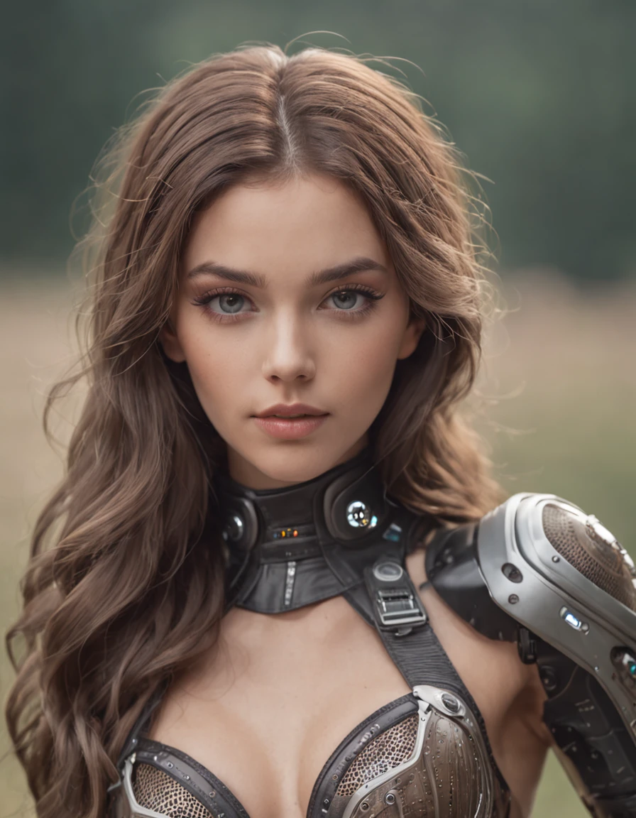 A beautiful girl in cybernetic costumes, em uma paisagem futuristica