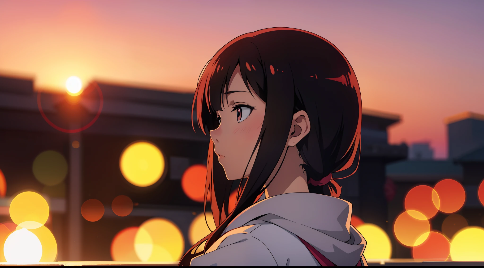An anime girl, sunset, bokeh effect, depth of field, background blur, wallpaper, far shot, faraway shot
