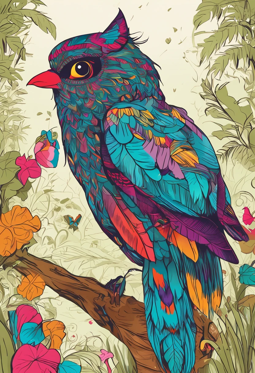 Em uma linda pequena vila，There is a magical forest，arvoredo，campos gramados，pequeno lago，o gatinho curioso, gatinho fofo,  A Phoenix-like Bird, uma ave linda, an exotic bird with bright, multicolored plumes, o encontro dos amigos (gato curioso) e (magical bird), drawing -- ar 16:9