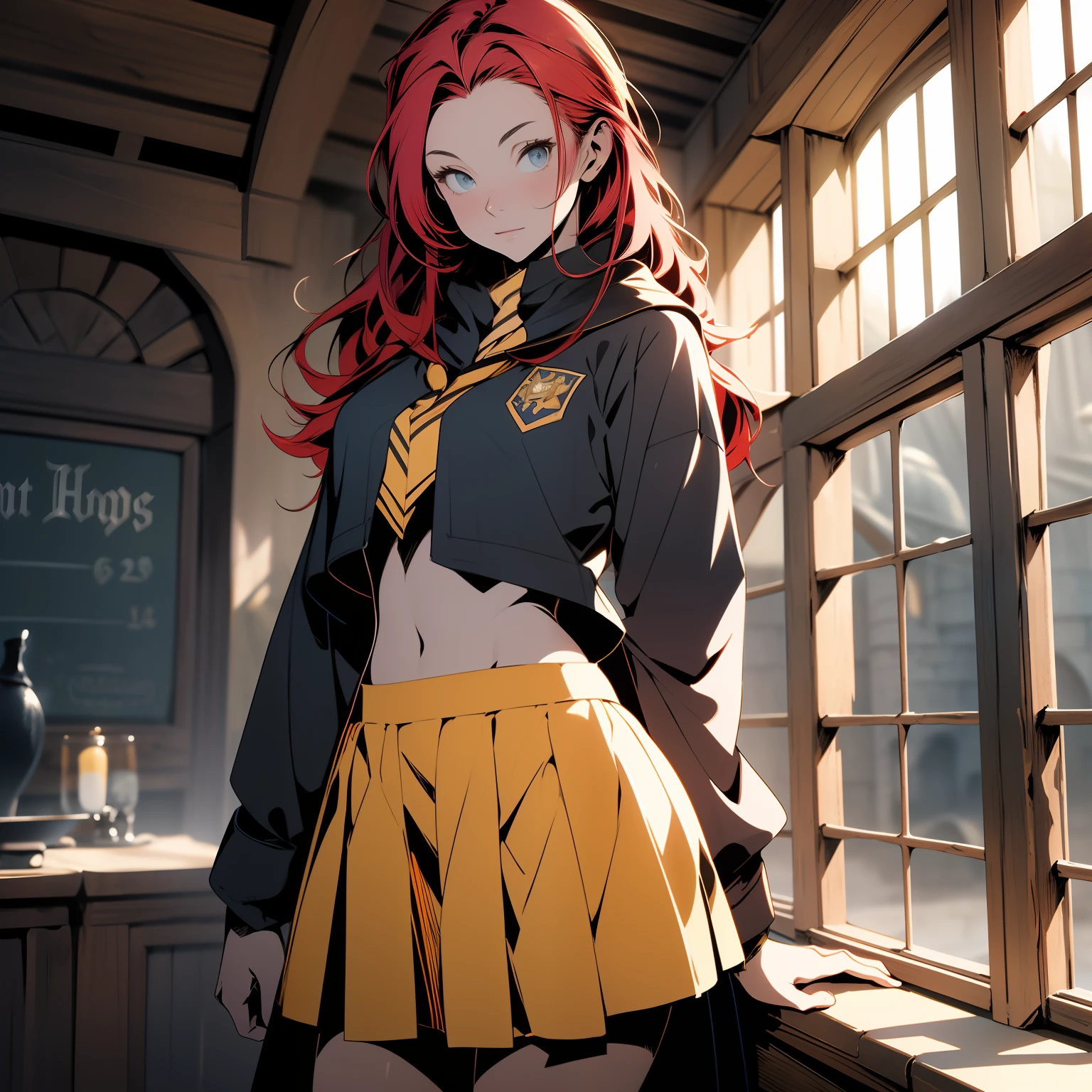 inside Hogwarts, adult, hogwarts school uniform, ((hufflepuff)), red hair, crop top, sexy, 18 years old, medium chest, cowboy shot, (long hair), short skirt, school skirt, scarf