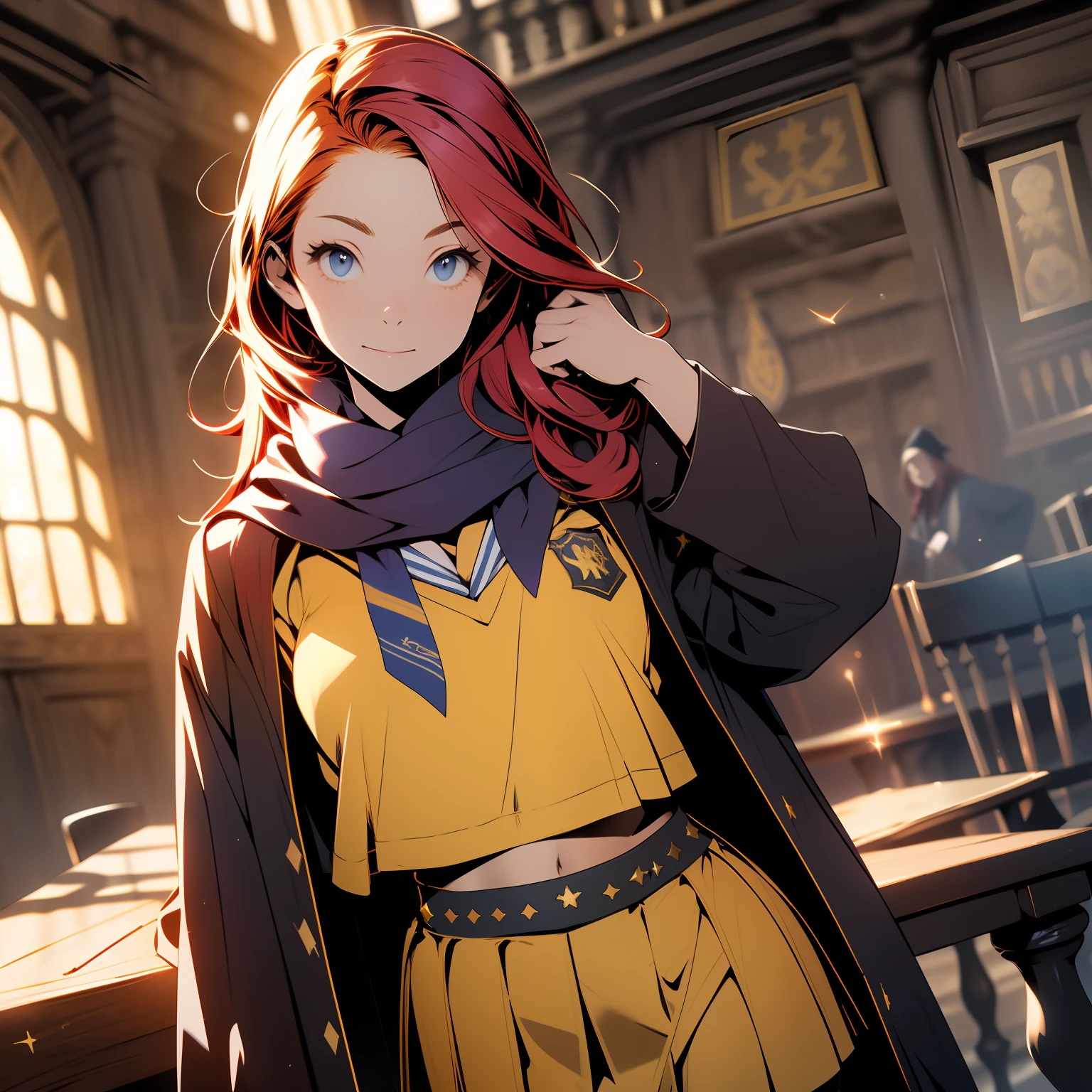 inside Hogwarts, adult, hogwarts school uniform, ((hufflepuff)), red hair, crop top, sexy, 18 years old, medium chest, cowboy shot, (long hair), short skirt, school skirt, scarf