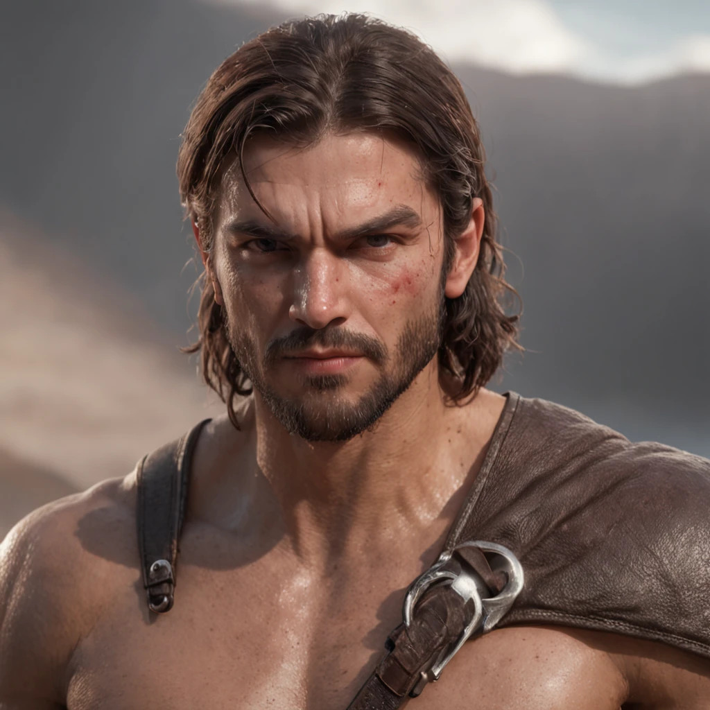 (Professional 3D rendering:1.3) de (Realistic:1.3) Foto de arte mais bonita do mundo,Features soft, bright male heroes, ((Epic hero fantasy rough muscular man wet hero angry look long hair short beard and fierce expression in dynamic pose, fantastic location, majestoso ambiente desordenado)), corpo inteiro 8k unidade render, action shot, poros da pele, very dark lighting, sombreamento pesado, circunstanciado, Rosto detalhado, (vibrante, fotogrdeia realista, Realistic, Dramatic, Escuro, foco nítido, 8k), (Old leather clothes damaged by bad weather:1.4), ((((Use peles)))), (intrincado:1.4), decadente, (altamente detalhado:1.4), pintura digital, rendering by octane, art stations, Conceito-Arte, liso, foco nítido, illustration, germe da arte, (Loish:0.23), Wlop Ilya Kuvshinov, e Greg Rutkowski e Alphonse Mucha Gracias, (global ilumination, studiolight, Light Volumetric), chuva forte, floating particles, patife, fantasia, Onze, corpo inteiroesbian, ((Fundo escuro e antigo da cidade:1.3)),CGSesociedade,art stations