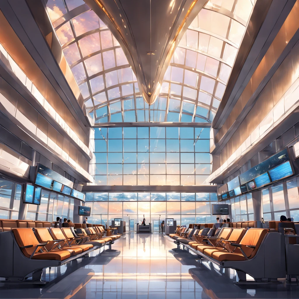 "Modern and stylish airport terminal with luxurious and comfortable seating, elegant lighting, sleek design, panoramic windows showcasing a beautiful view of the runway, bustling atmosphere, gate chairs, and a touch of sophistication."