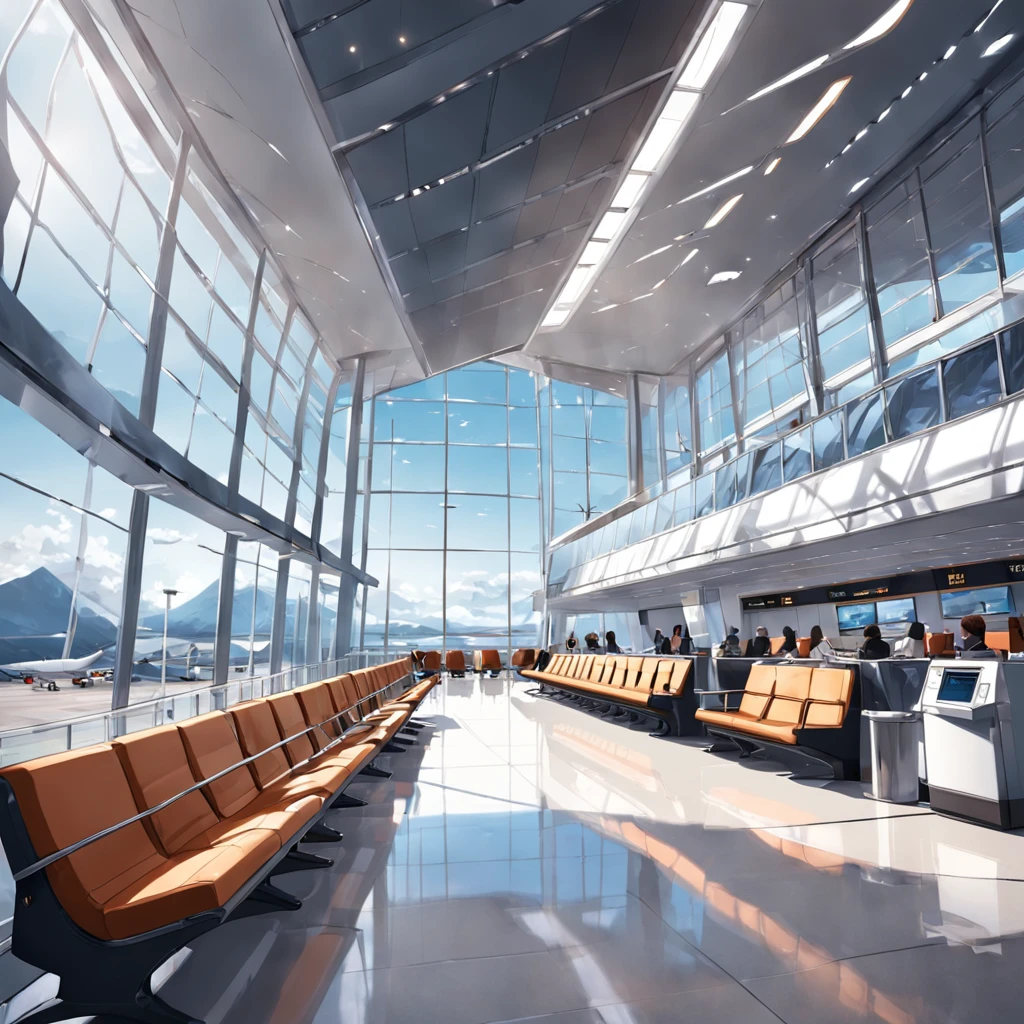 "Modern and stylish airport terminal with luxurious and comfortable seating, elegant lighting, sleek design, panoramic windows showcasing a beautiful view of the runway, bustling atmosphere, gate chairs, and a touch of sophistication."