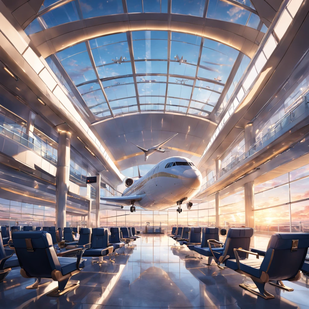 "Modern and stylish airport terminal with luxurious and comfortable seating, elegant lighting, sleek design, panoramic windows showcasing a beautiful view of the runway, bustling atmosphere, gate chairs, and a touch of sophistication."
