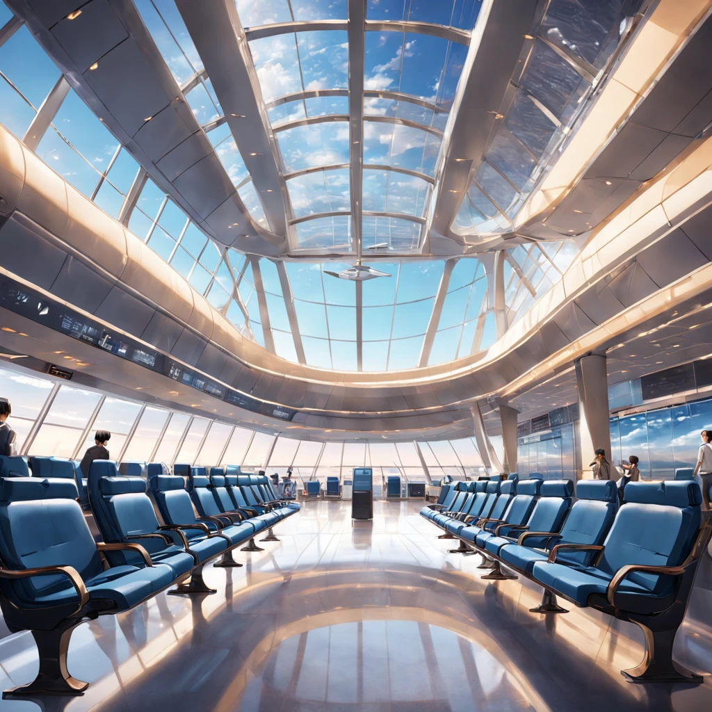 "Modern and stylish airport terminal with luxurious and comfortable seating, elegant lighting, sleek design, panoramic windows showcasing a beautiful view of the runway, bustling atmosphere, gate chairs, and a touch of sophistication."