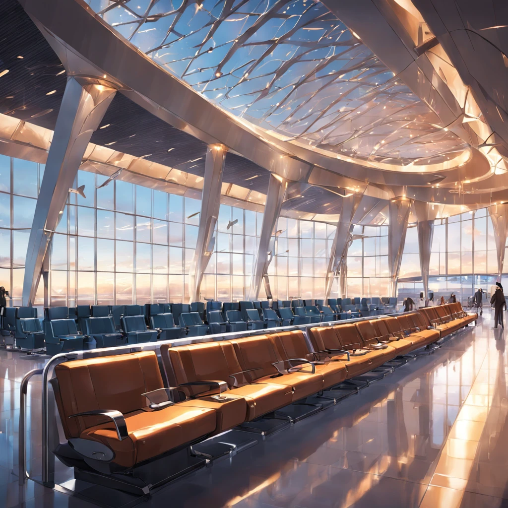 "Modern and stylish airport terminal with luxurious and comfortable seating, elegant lighting, sleek design, panoramic windows showcasing a beautiful view of the runway, bustling atmosphere, gate chairs, and a touch of sophistication."