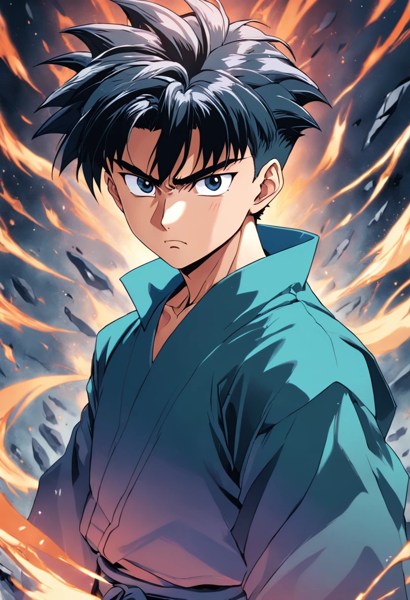 a detailed illustration by Yusuke Urameshi, serious expression on the face, Estilo Yu Yu Hakusho, Characteristic art style by Yoshihiro Togashi, corpo completo, obra de arte.