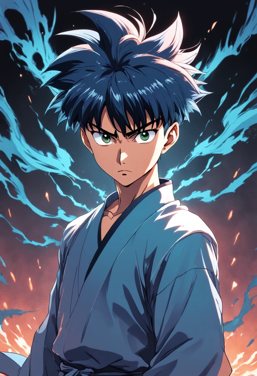 a detailed illustration by Yusuke Urameshi, serious expression on the face, Estilo Yu Yu Hakusho, Characteristic art style by Yoshihiro Togashi, corpo completo, obra de arte.