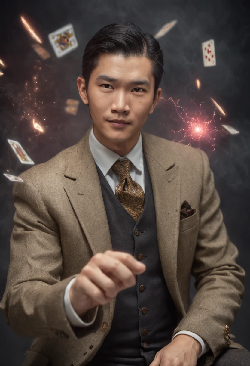A detailed painting depicting a handsome, mature Asian man in a suit surrounded by a flurry of glowing Magic The Gathering cards and the book Dungeons and Dragons in the center.