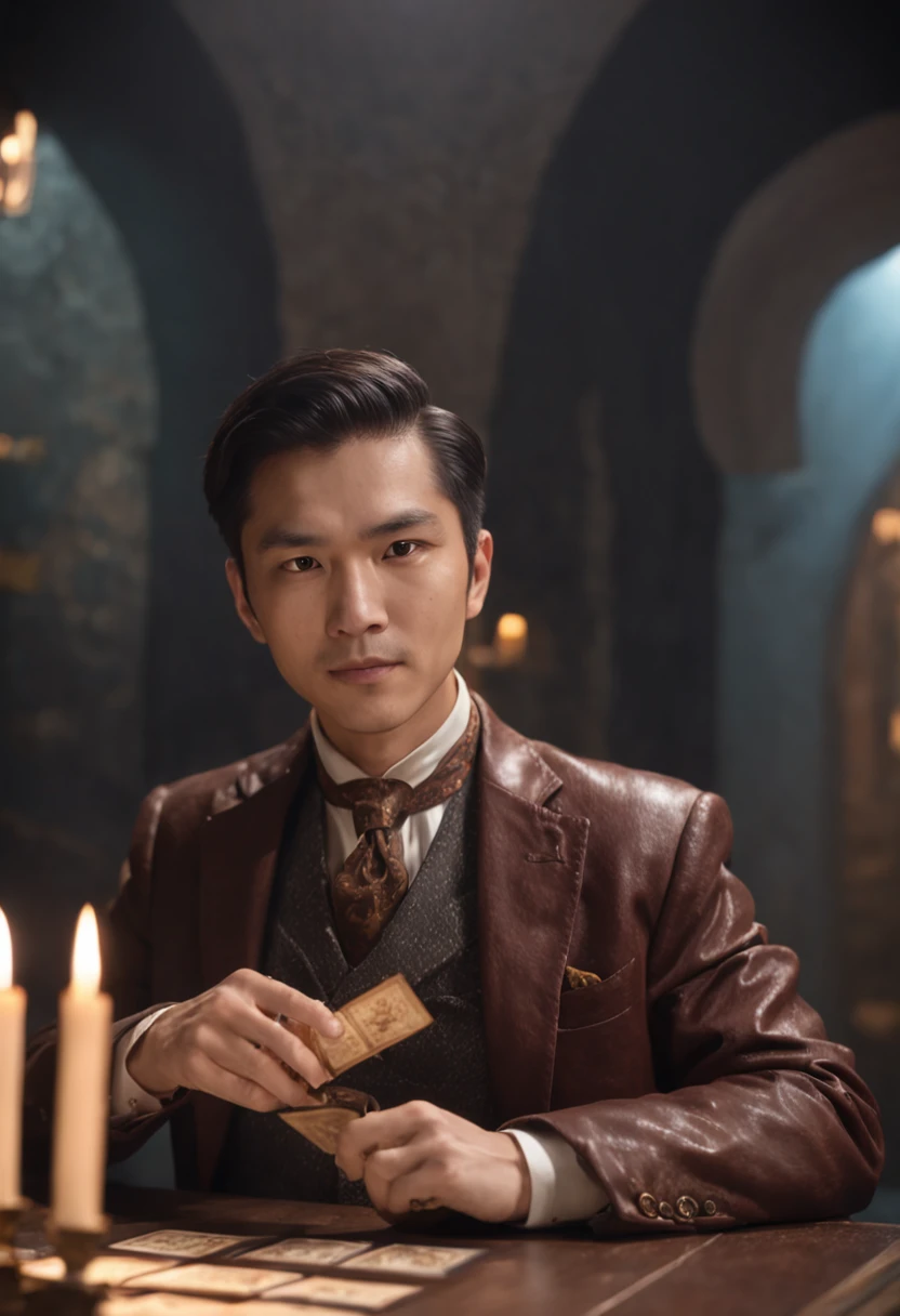 A detailed painting depicting a handsome, mature Asian man in a suit surrounded by a flurry of glowing Magic The Gathering cards and the book Dungeons and Dragons in the center.