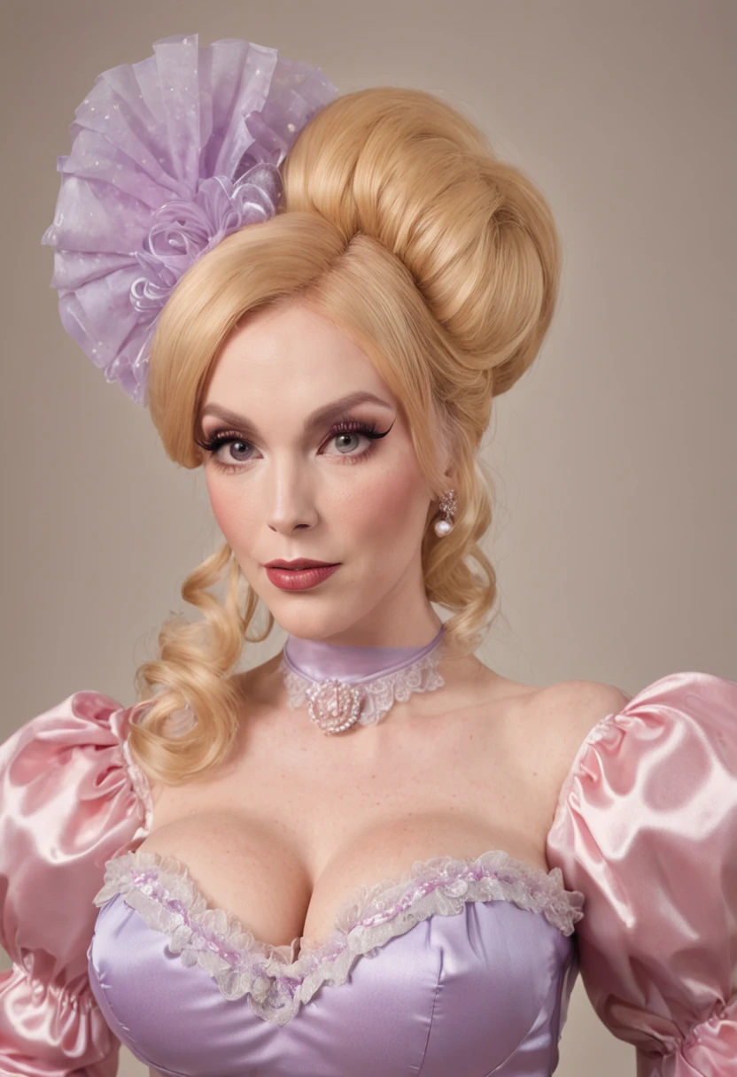 full shot of Christina Hendricks drag queen, blonde huge bouffant pvc hair, sissy maid style, Prissy sissy satin frilly maid latex dress puff shoulders sleeves and heels, massive enormous perky round overfilled engorged gigantic Breast, at sissy party, (high detailed skin:0.8), (visible pores:0.6), anatomically correct, 8k, High Detail, Sharp focus, vibrant details, best quality, beautiful, (masterpiece:1.2), (best quality:1.2),