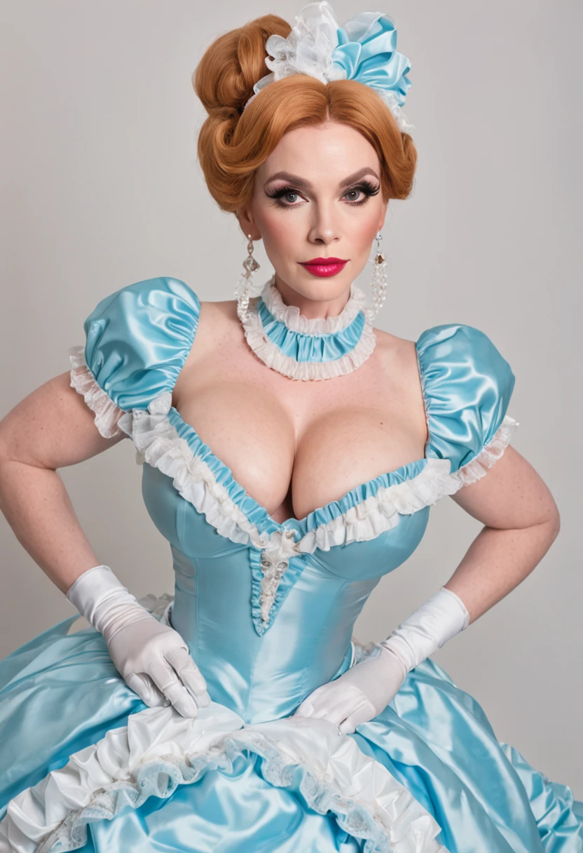 full shot of Christina Hendricks drag queen, blonde huge bouffant pvc hair, sissy maid style, Prissy sissy satin frilly maid latex dress puff shoulders sleeves and heels, massive enormous perky round overfilled engorged gigantic Breast, at sissy party, (high detailed skin:0.8), (visible pores:0.6), anatomically correct, 8k, High Detail, Sharp focus, vibrant details, best quality, beautiful, (masterpiece:1.2), (best quality:1.2),