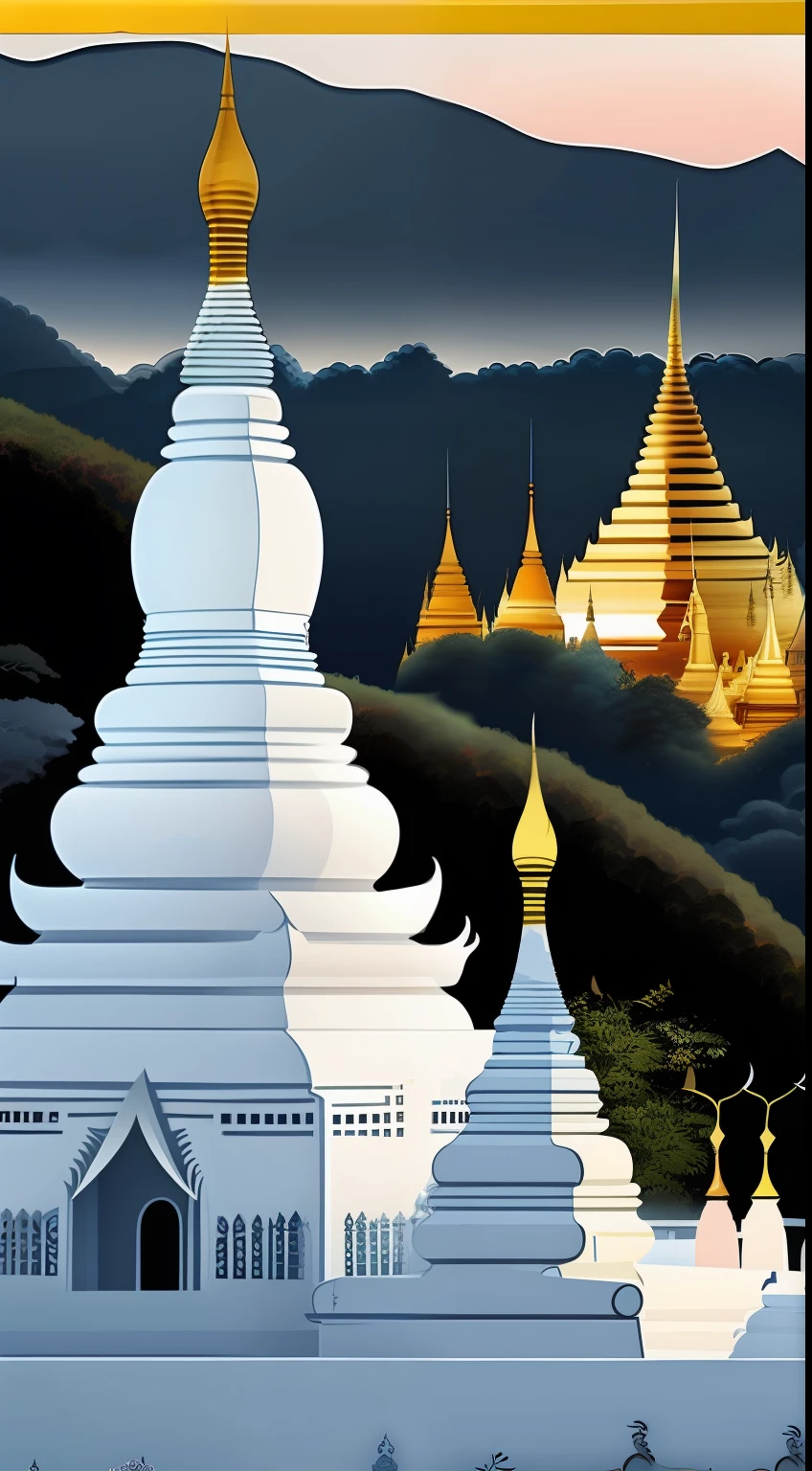 Vector art landscape of Myanmar, white pagoda and monastery on the hill, intricate image by Charles Angrand