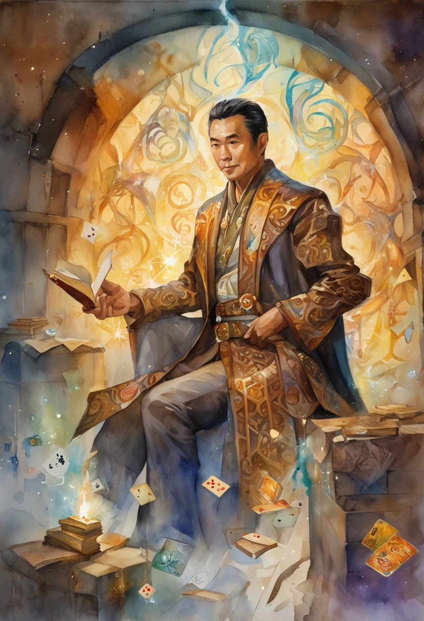 A detailed painting depicting a handsome, mature Asian man in a suit surrounded by a flurry of glowing Magic The Gathering cards and the book Dungeons and Dragons in the center.