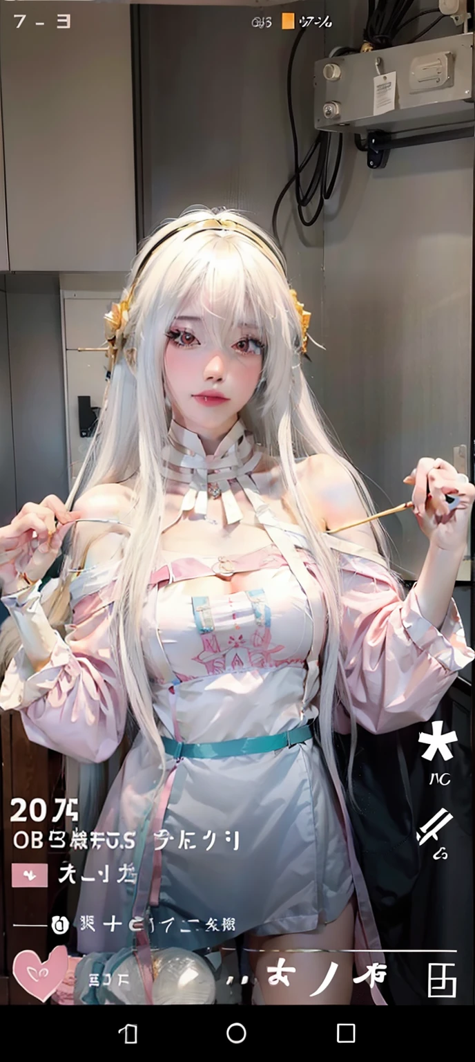 Close-up of a man with white hair and a pink shirt, ses cheveux sont blancs, Anime girl cosplay, Anime girl in real life, Perfect white haired girl, anime-inspired, Anime cosplay, long white hair, anime vibes, Girl with white hair, belle delphine, Long white hair and bangs, Ruan cute vtuber,Super big breasts,exposed。