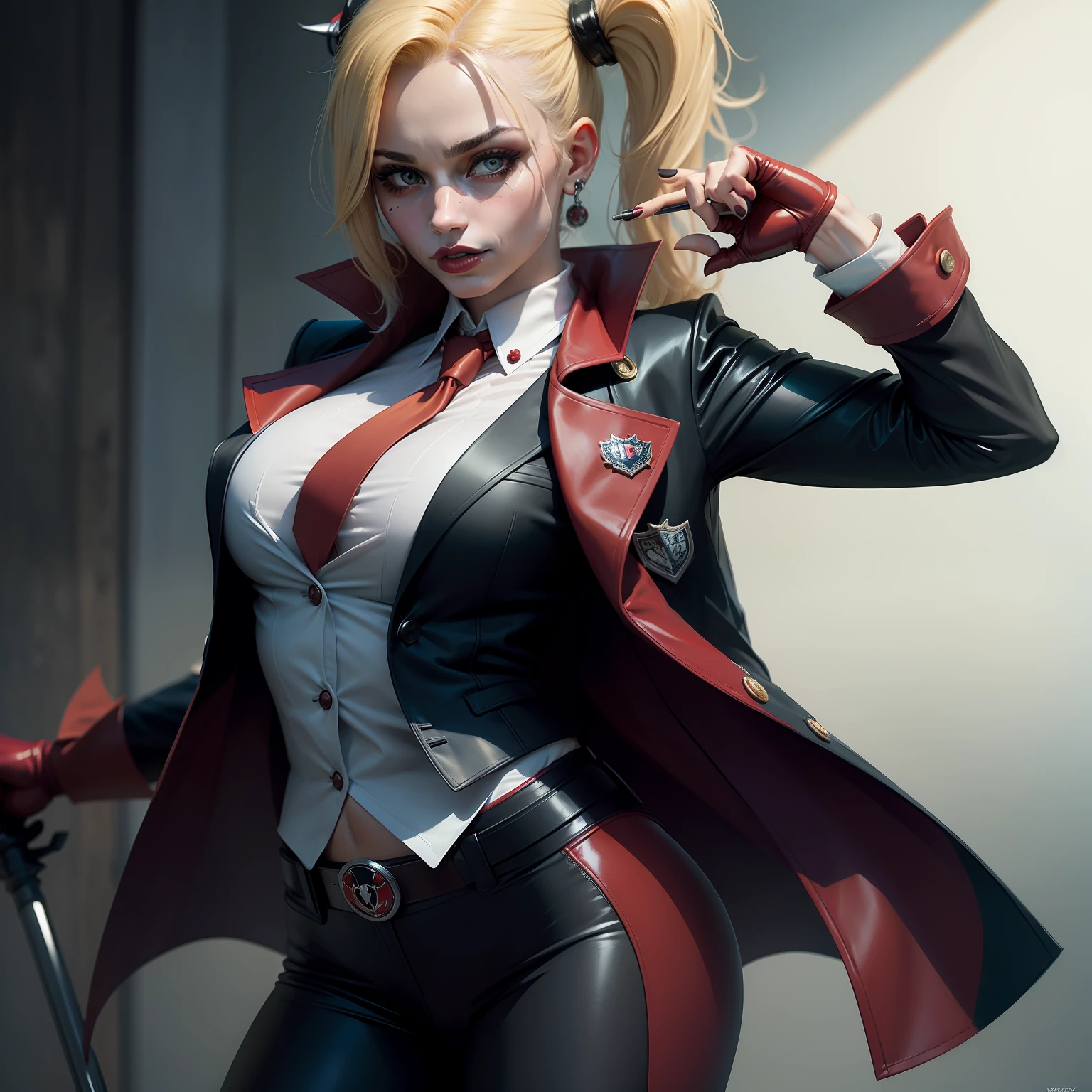 Harley quinn as a buisiness executive in coat and suit