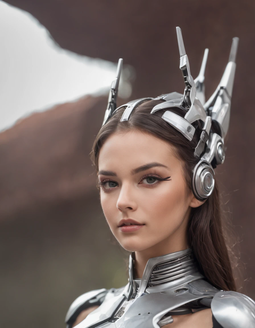 (corpo inteiro), A beautiful girl in cybernetic costumes, em uma paisagem futuristica