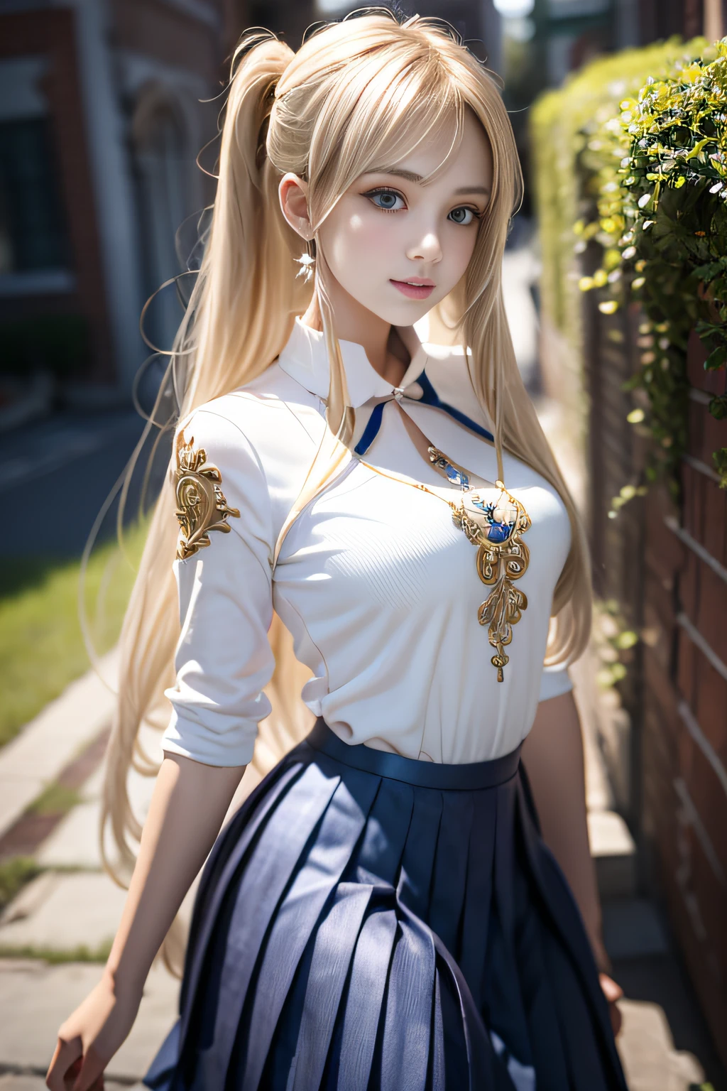 bright expression、poneyTail、Young shiny shiny white shiny skin、Best Looks、Blonde reflected light、Platinum blonde hair with dazzling highlights、shiny light hair,、Super long silky straight hair、Beautiful bangs that shine、Glowing crystal clear attractive big blue eyes、Very beautiful nice cute 16 year old girl、Lush bust,Beautiful detailed eyes, beautiful detailed nose,(( Full body:1.25)),Makeup that the eyes emphasize、((Pleated skirt with many folds)),(Women like Joan of Arc)、s Armor、Knights, With a sword and shield,Royal style,Comic style, , Sub-surface scattering, ornate detail, nature backdrop, Hyper-realistic, Cinematic, Dramatic Lighting, masutepiece