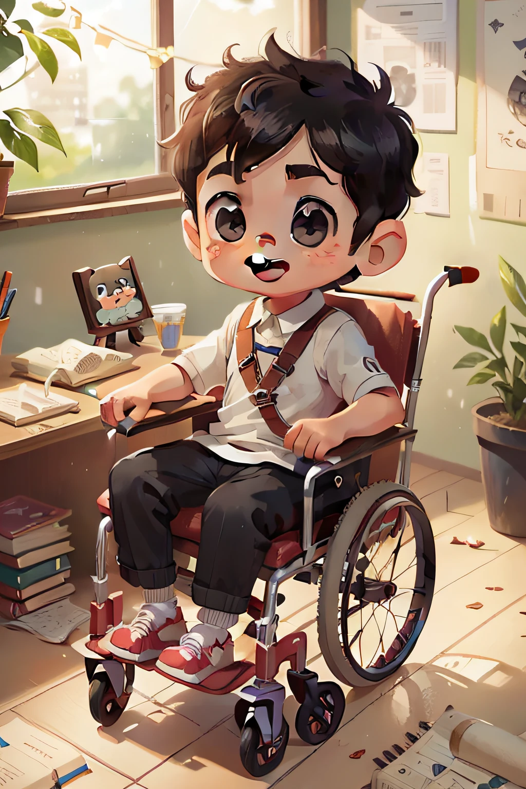 Super cute little boy in wheelchair full body 3D image, 1pc, good eyes looking, big eyes, cute, happy, c4d, pop matt blind box, short black hair, at clasroom school, drawing, with a lot of books near him
