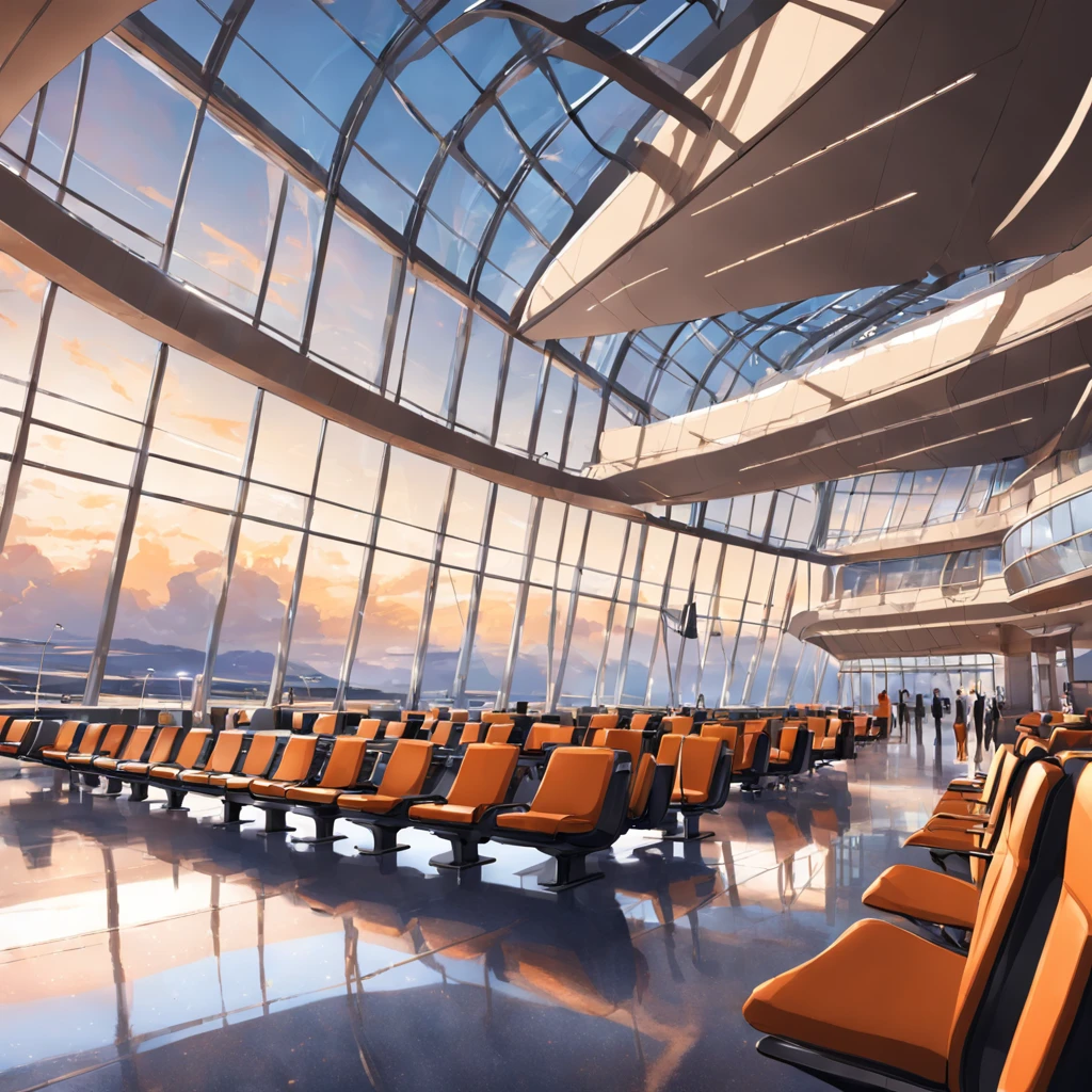 "Modern and stylish airport terminal with luxurious and comfortable seating, elegant lighting, sleek design, panoramic windows showcasing a beautiful view of the runway, bustling atmosphere, gate chairs, and a touch of sophistication."