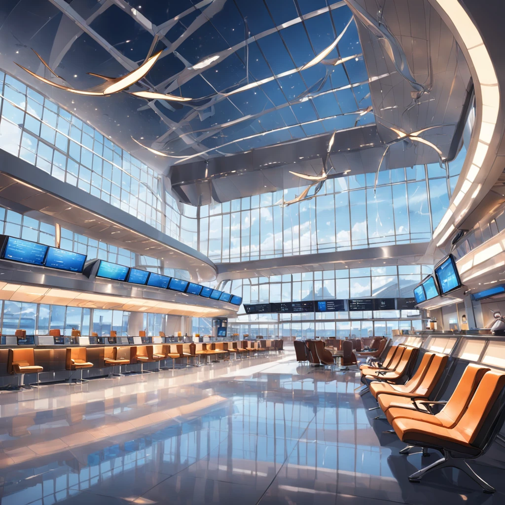 "Modern and stylish airport terminal with luxurious and comfortable seating, elegant lighting, sleek design, panoramic windows showcasing a beautiful view of the runway, bustling atmosphere, gate chairs, and a touch of sophistication."