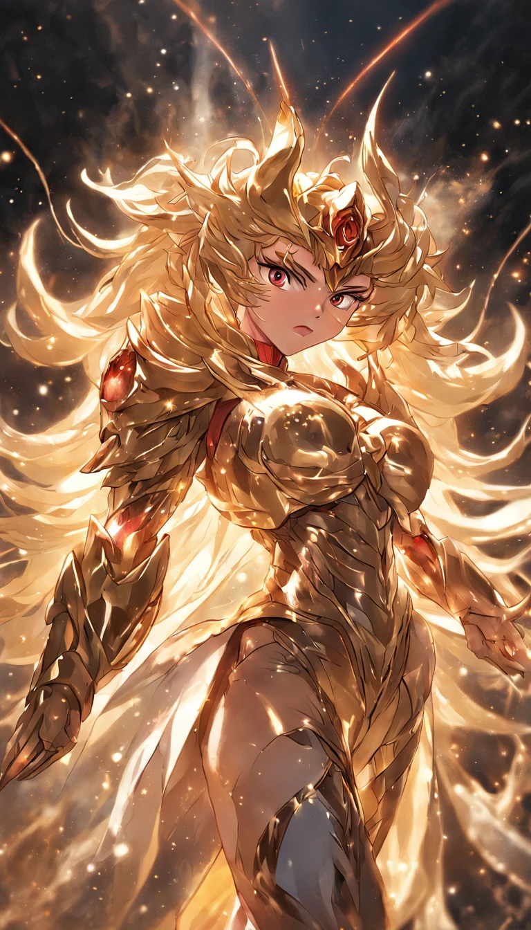Highest image quality,Outstanding details,Ultra-high resolution,4K image, assembly, best quality, masterpiece, movie lighting ,sexly,Huge breasts,Cleavage,action,In battle,light beam from hand,Golden lightning surrounds,Green eyes,Lipstick,Gold Armor,Amot hardware has cracks,Sweat,Anger,red hair,Wave hairstyle