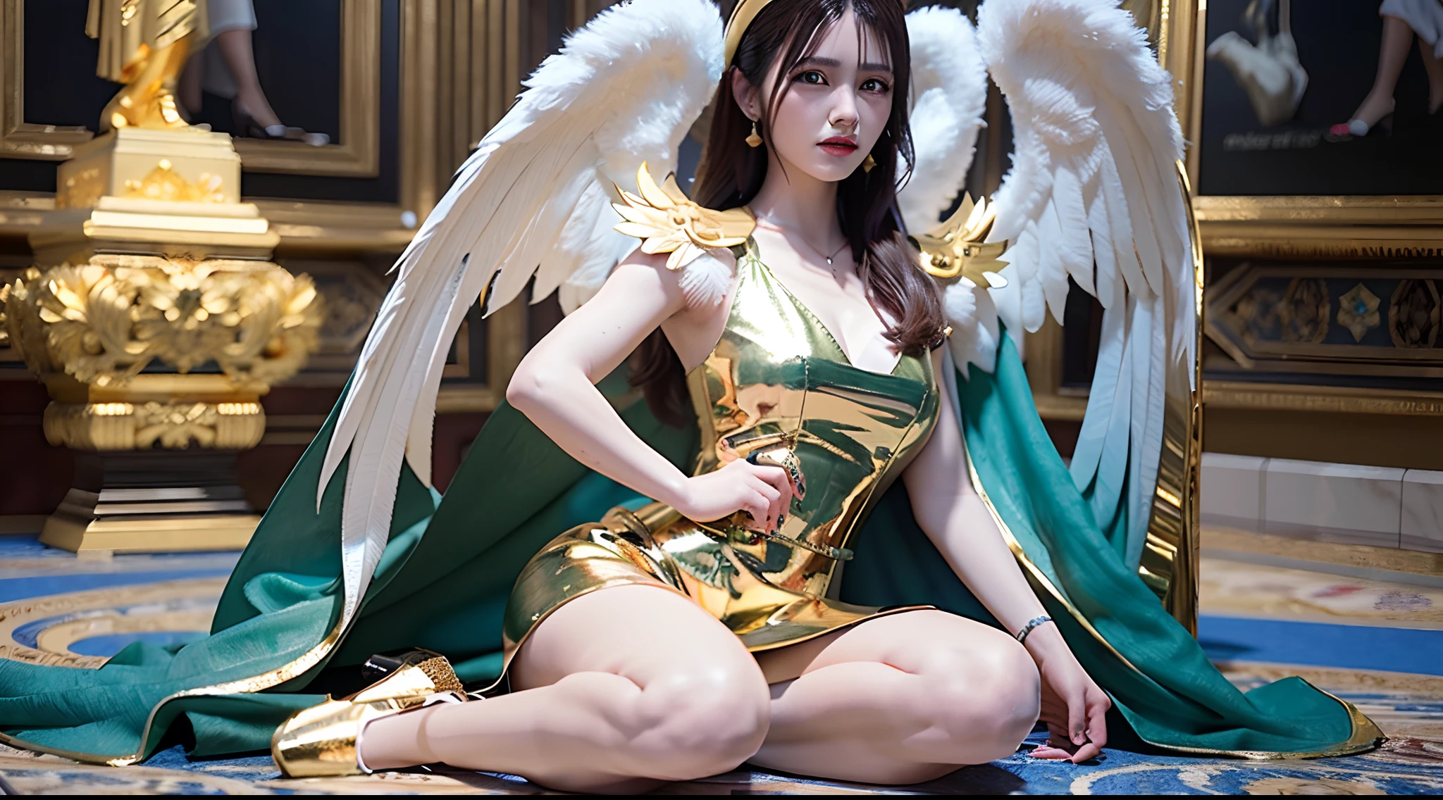 (realisitic,Photorealsitic:1.4),(1 beauty:1.3),(beautiful countenance:1.5),Detailed shiny skin,A detailed eye,Precise hands and fingers,8K HDR, , ​masterpiece, (Dynamic Angle Video),电影灯光, Finely drawn backgrounds,Beautiful Brazilians,Traditional costumes,Glossy hair,Aristocratic hairstyles,Egypt,courtyard,jump,Attractive thighs,Composition looking up from your feet