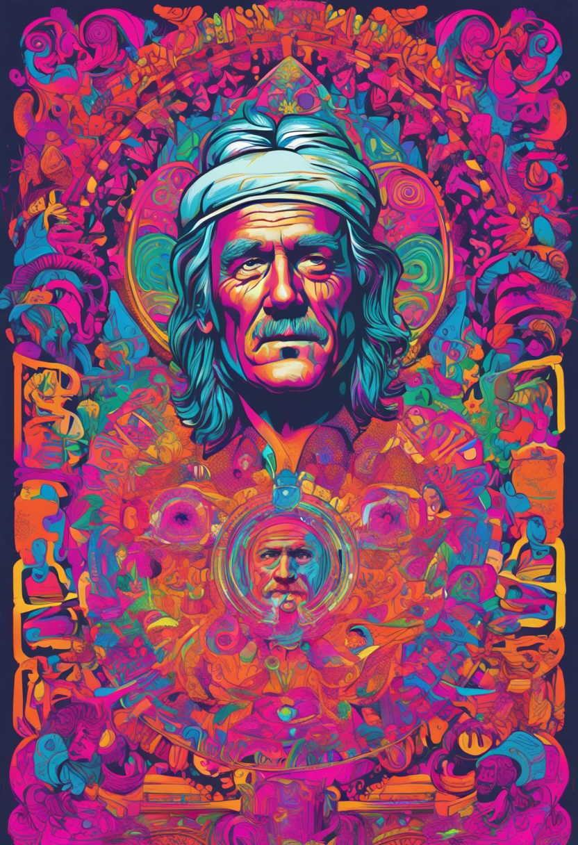 illustration of timothy leary with psychedelic neons and psychedelic mandalas