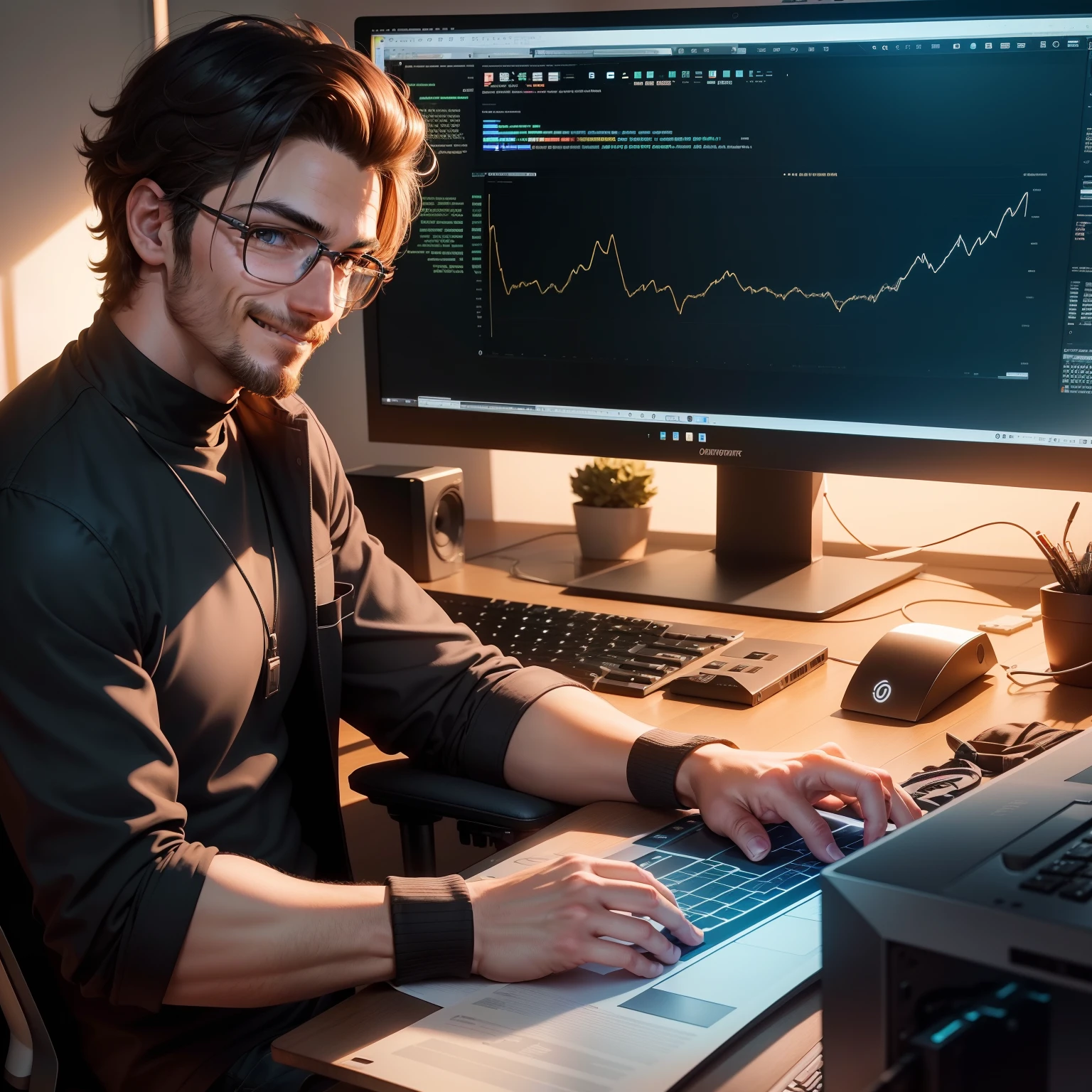 There is a smiling man sitting at a desk with a laptop and a monitor, maintenance, young man, looking menacing, looking at statistical graph in two big monitors, future coder man looking on, during golden hour