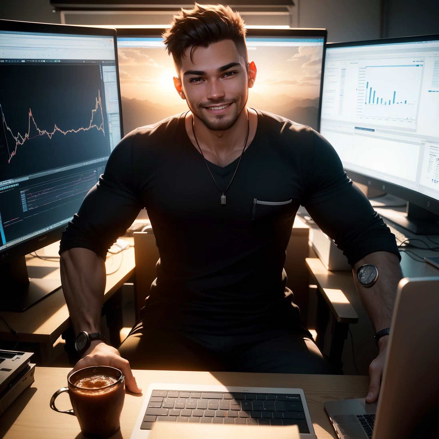 There is a smiling man sitting at a desk with a laptop and a monitor, maintenance, young man, looking menacing, looking at statistical graph in two big monitors, future coder man looking on, during golden hour