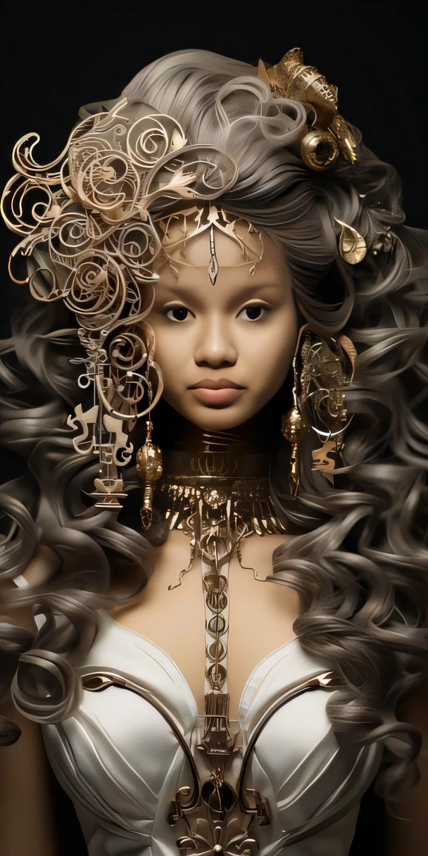 a woman with long hair and a gold necklace on her head, cabelos ornamentados, uma deusa steampunk bonita, penteado longo elaborado, elaborate ornate head piece, cabelos elaborados, uma bela imperatriz fantasia, cabelo detalhado ornamentado, wlop intrincado, Retrato da deusa 3D, cocar de ouro intrincado, karol bak uhd, cabelo barroco, ((uma bela imperatriz fantasia)), Cachos barrocos