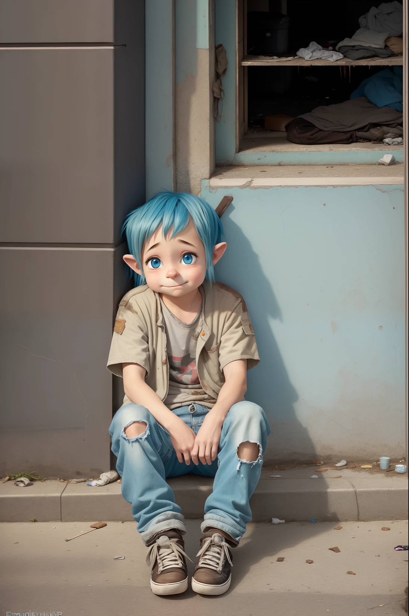 Stuckism Style: Cute and adorable sad troll in tattered homeless clothes sitting on a curb, city background, Ella Guru style, by Greg Rutkoski --auto --s2